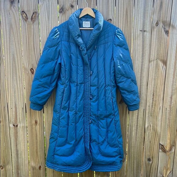 Down Blue Quilted Women's Long Coat Vintage Winter Blue Puffer 80s Rare size 16 - Picture 1 of 16